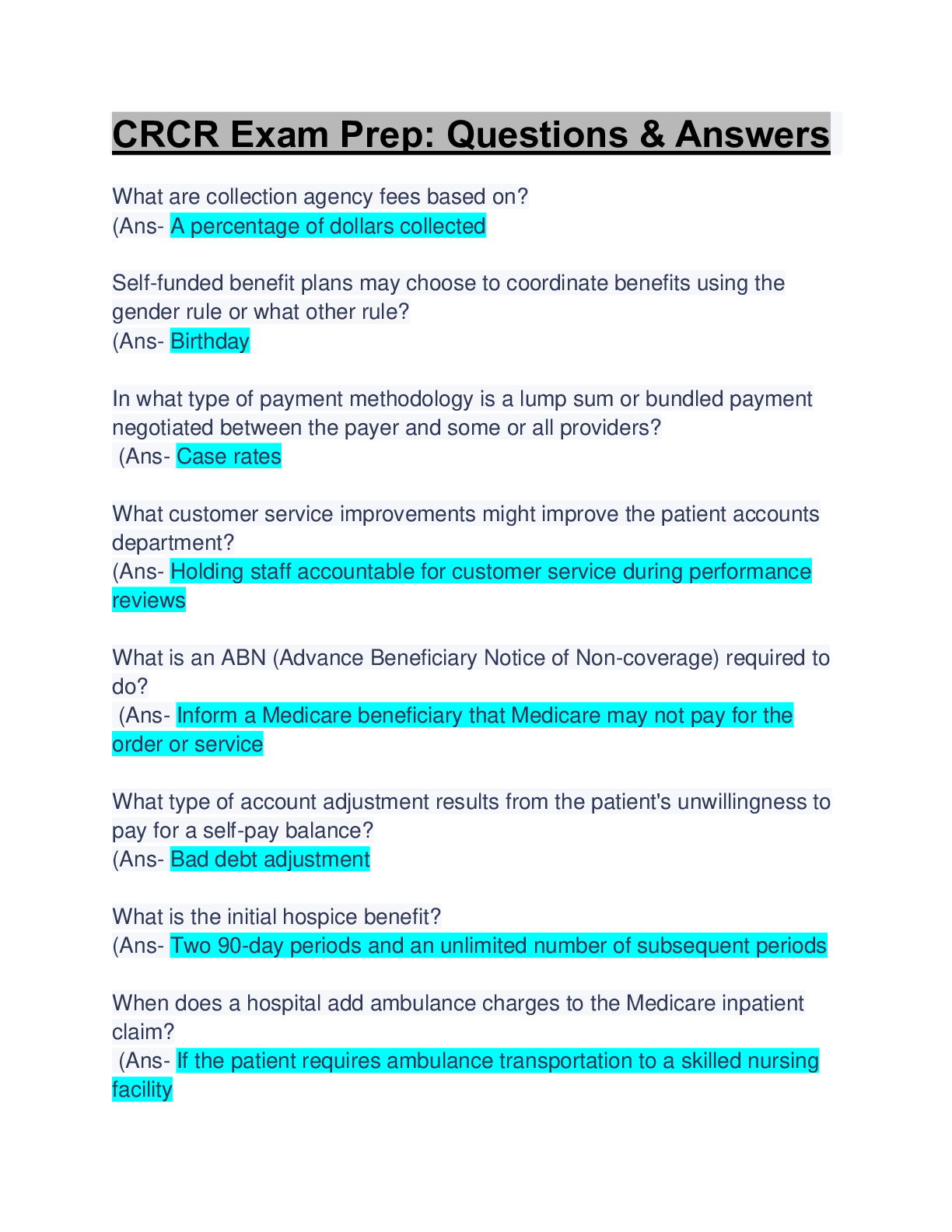 Preview image of CRCR Exam Prep: Questions & Answers; Latest Updated A Plus Guide document