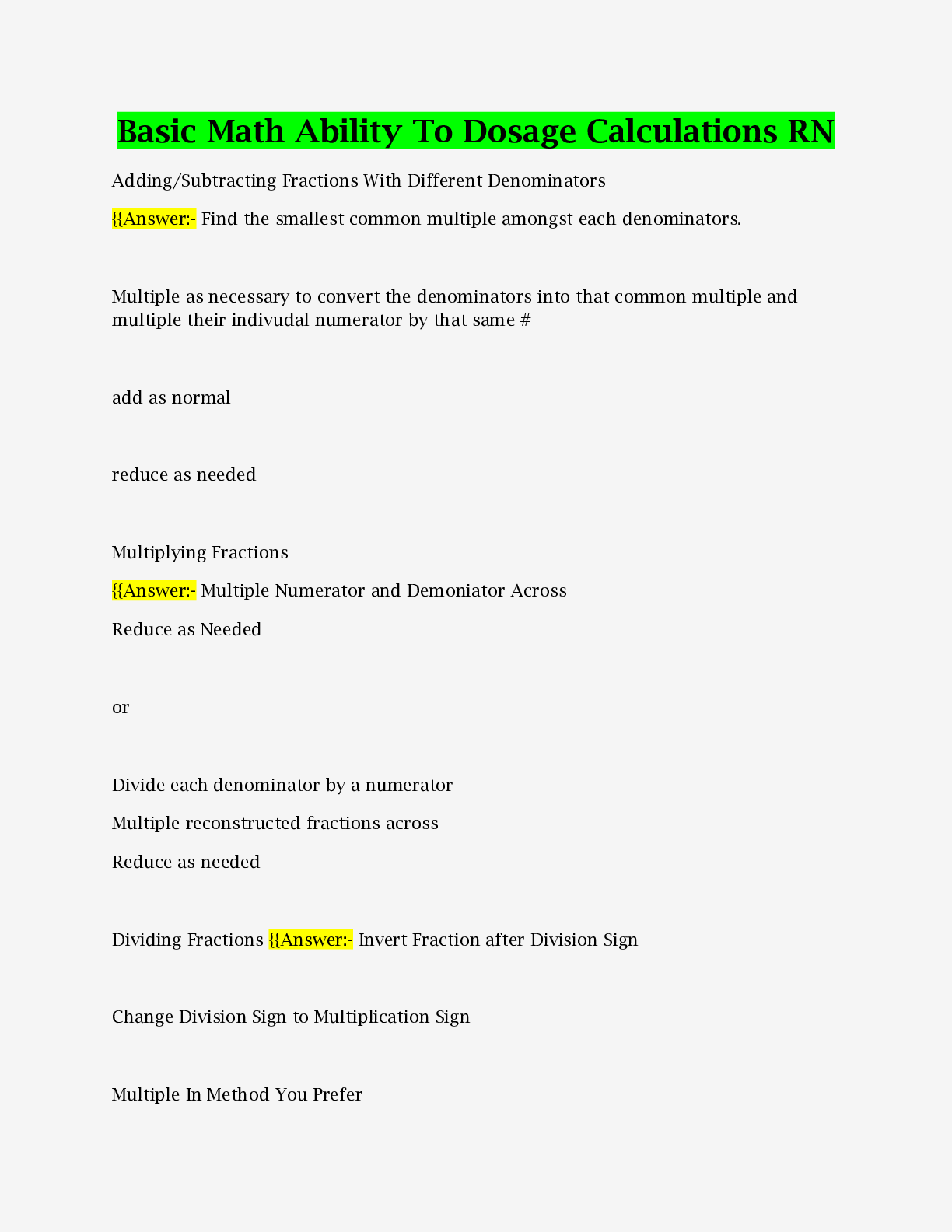 Preview image of Basic Math Ability To Dosage Calculations RN With Complete Solution document