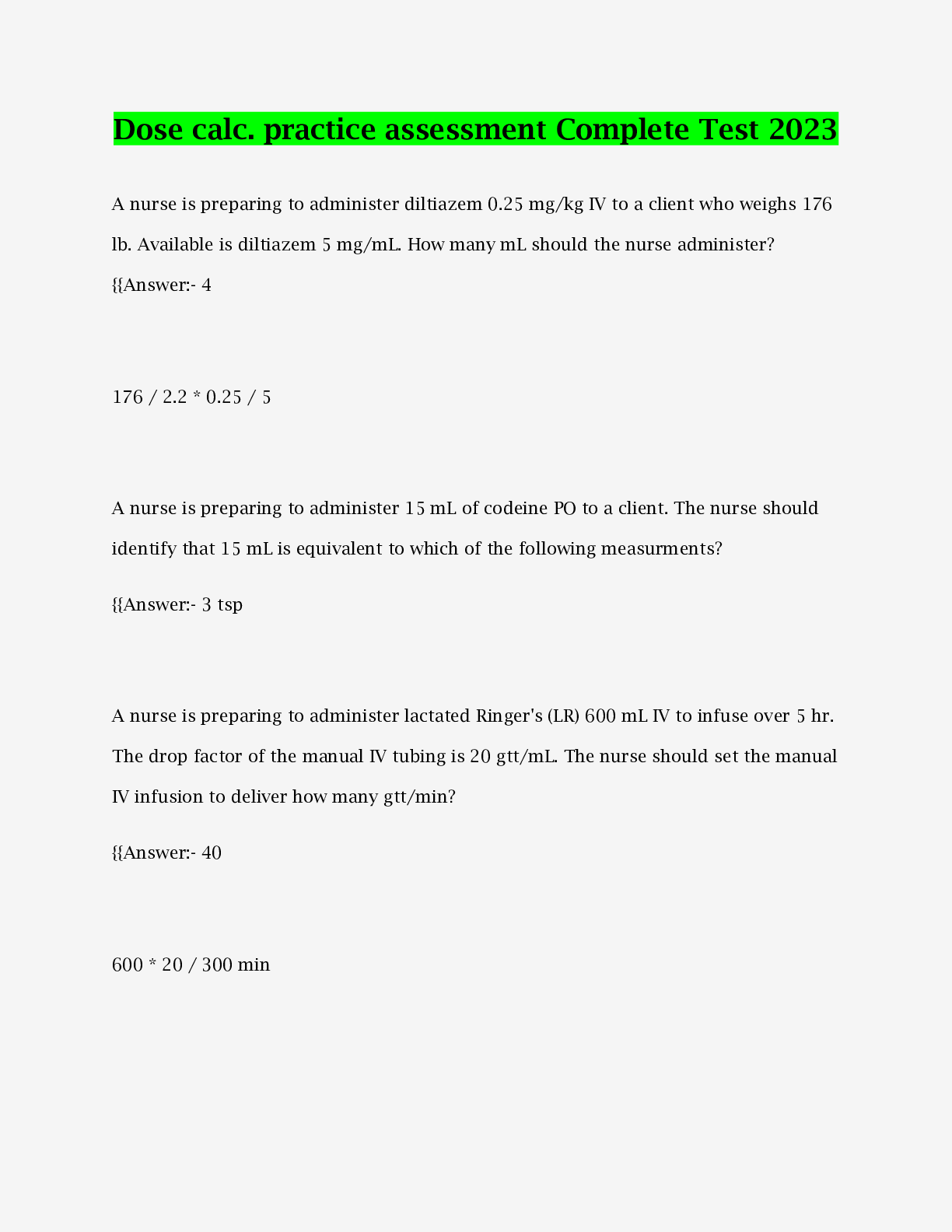 Preview image of Dose calc. practice assessment Complete Test 2023 Solved 100% document