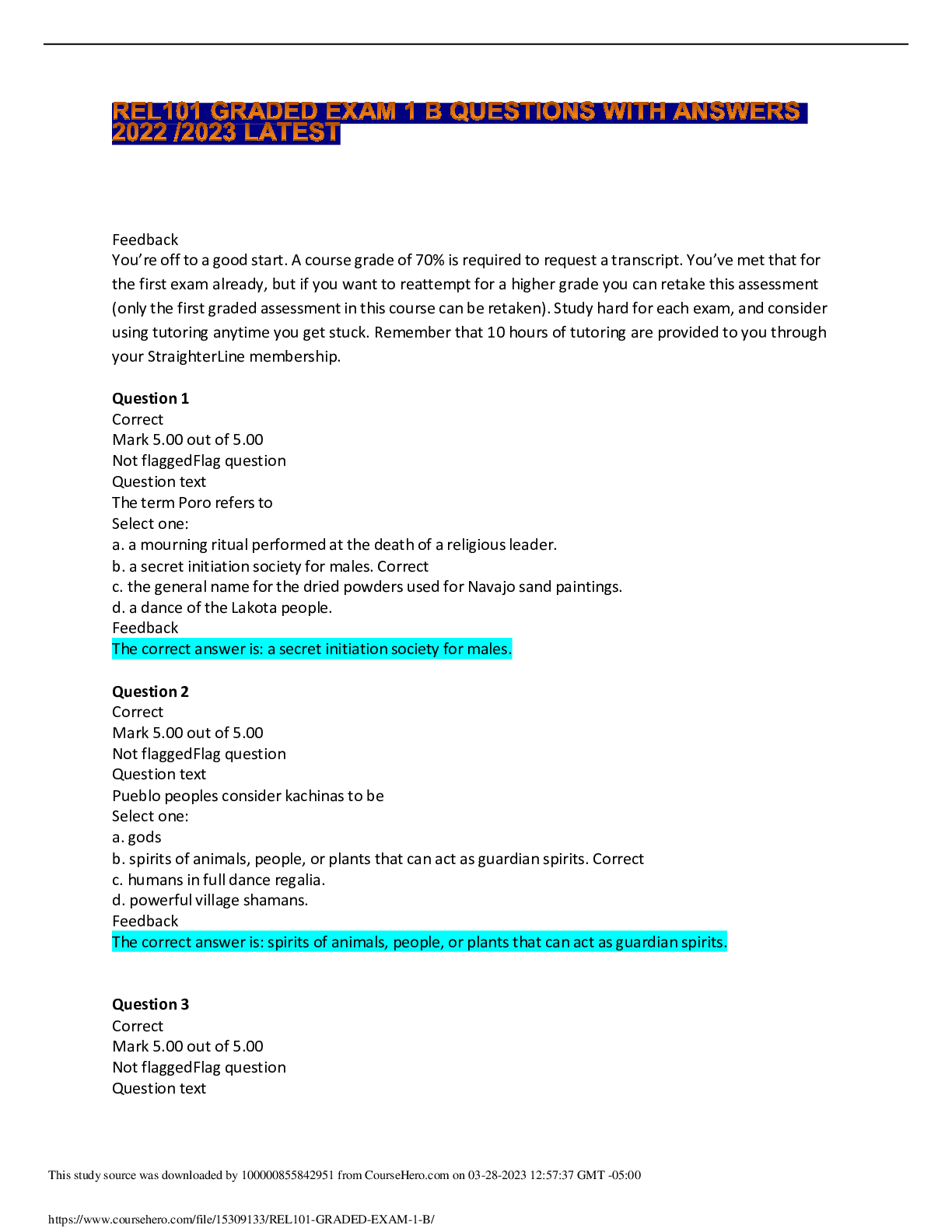 Preview of REL 1O1 GRADE EXAM 1 B QUESTIONS WITH ANSWER 2022/2023 LATEST