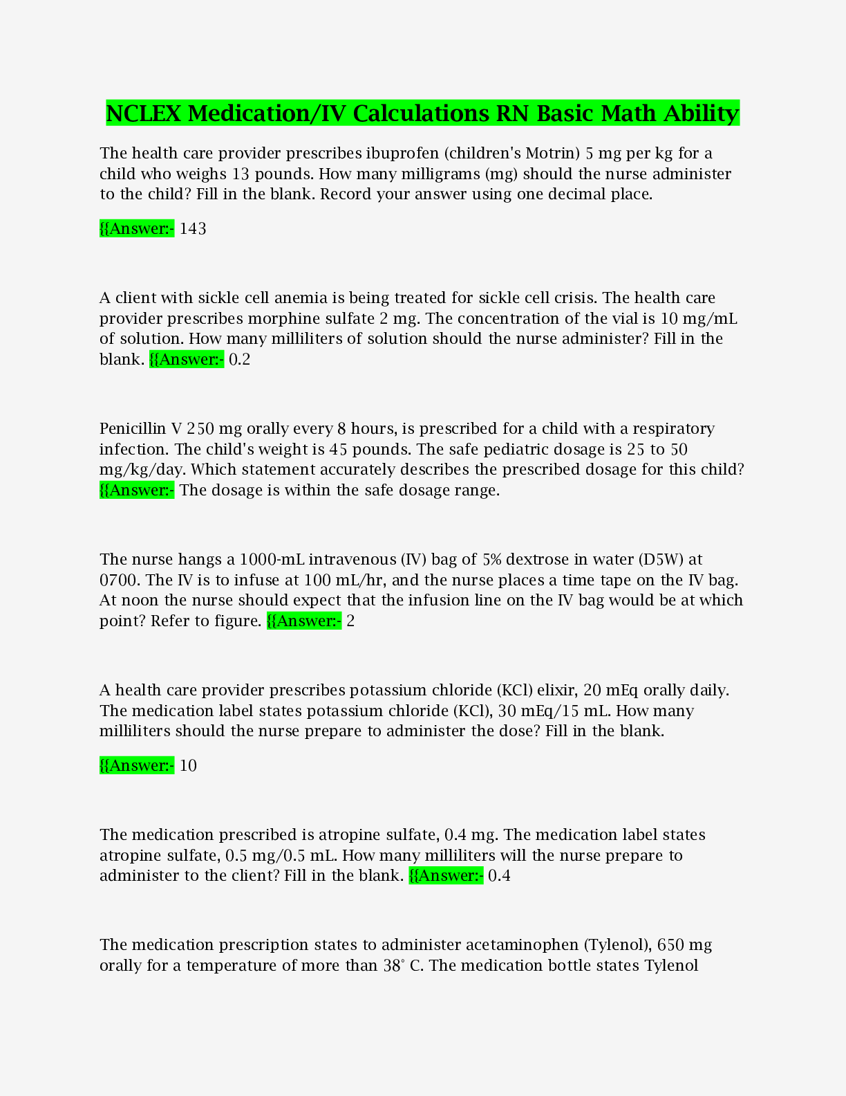 Preview of NCLEX Medication/IV Calculations RN Basic Math Ability with 100% correct Answers |Verified
