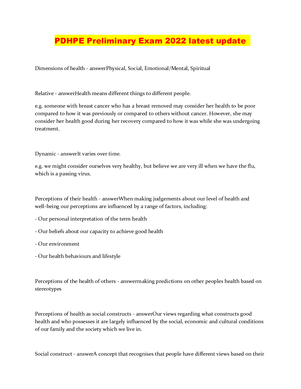 Preview image of PDHPE Preliminary Exam 2022 latest update document