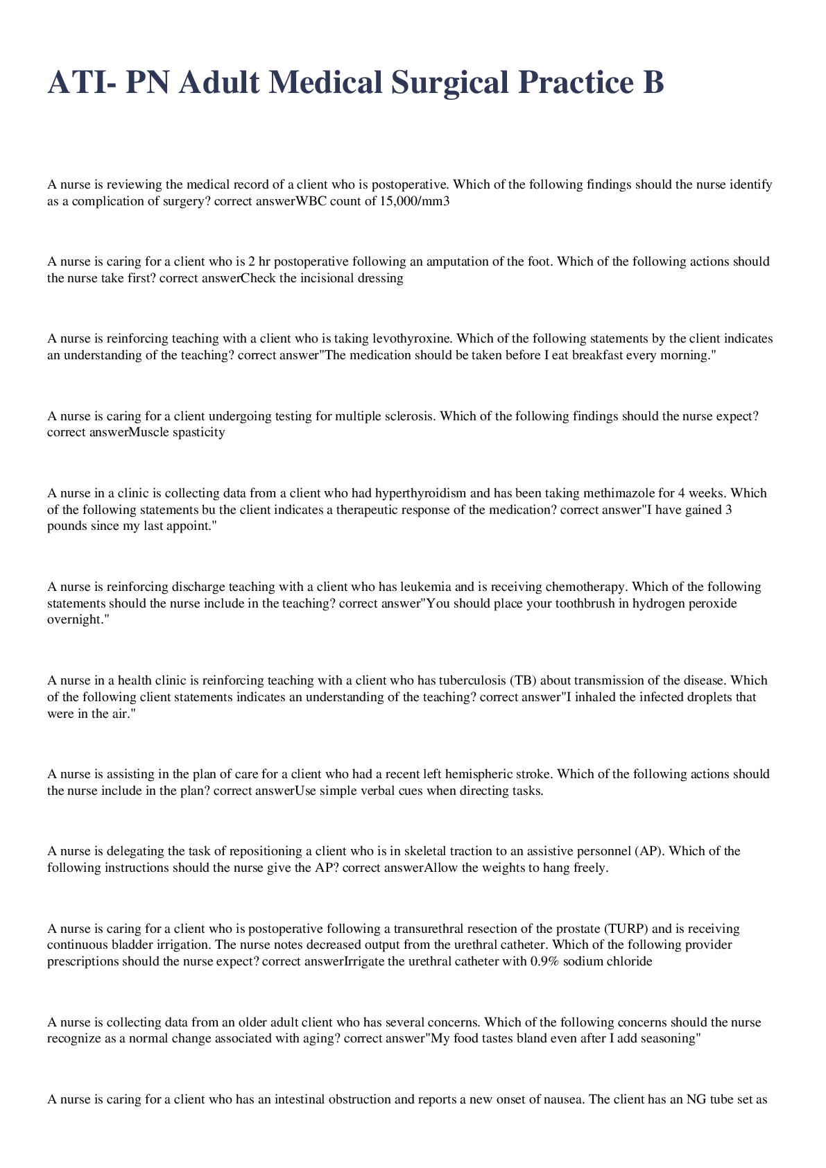 Preview image for ATI- PN Adult Medical Surgical Practice B exam 2023 with 100% correct answers