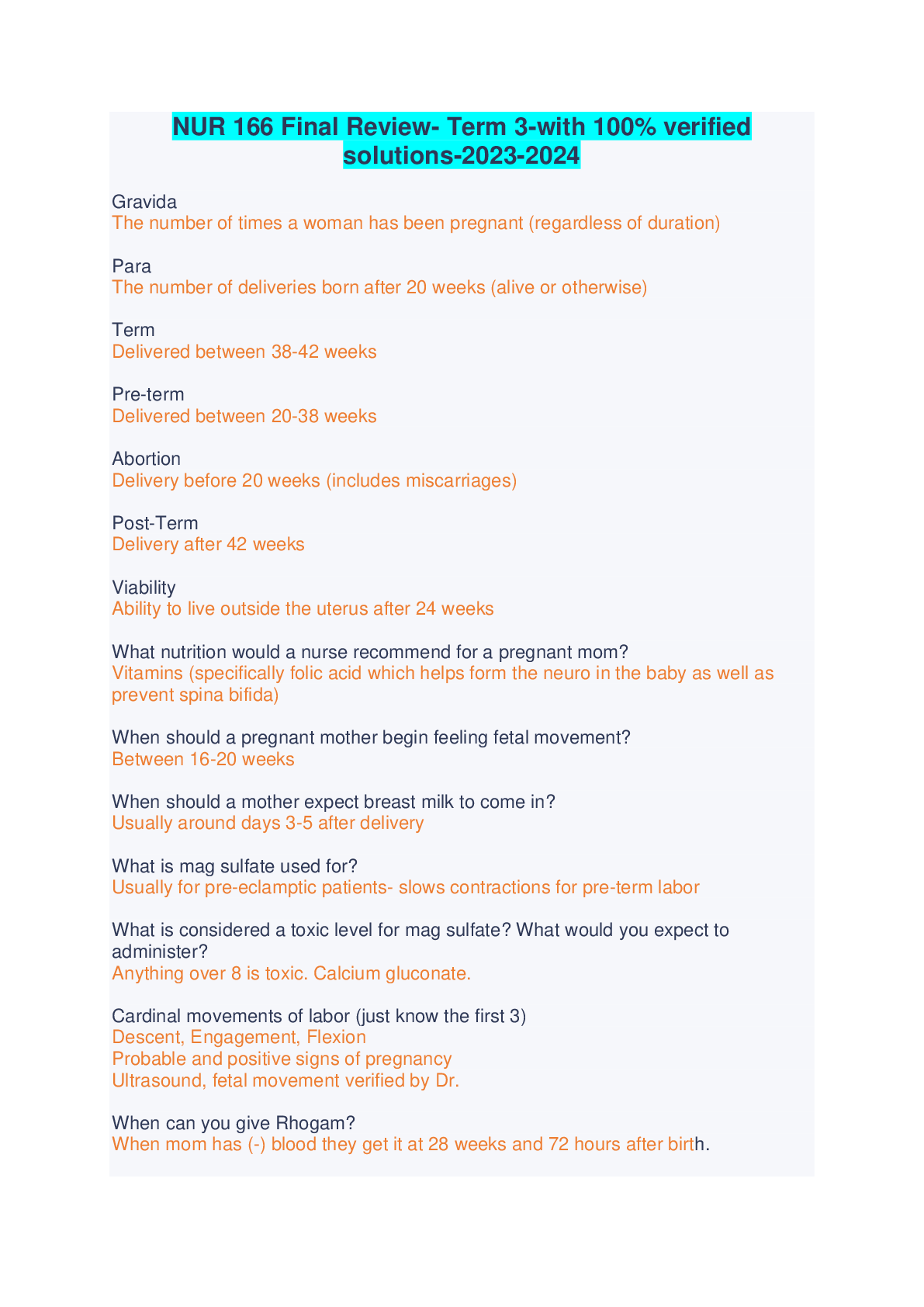Preview image for NUR 166 Final Review- Term 3-with 100% verified solutions-2023-2024