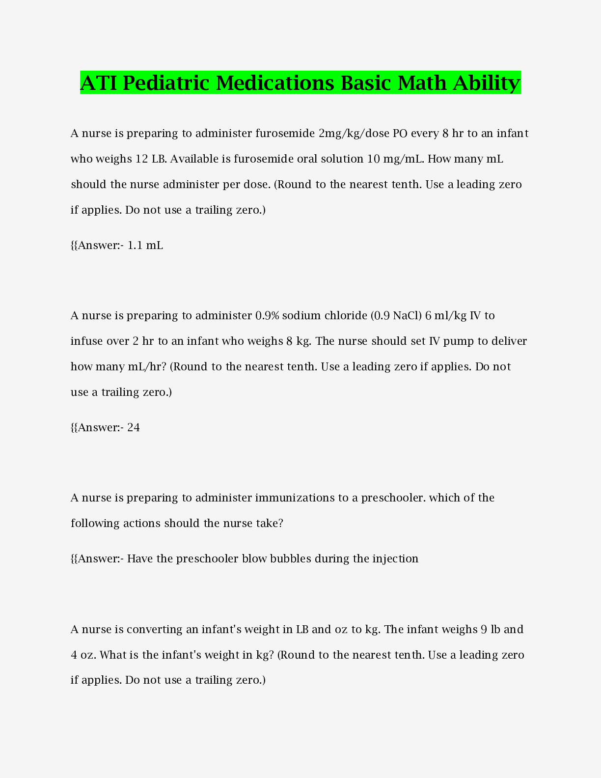 Preview image of ATI Pediatric Medications Basic Math Ability (Solved) 100% Correct document