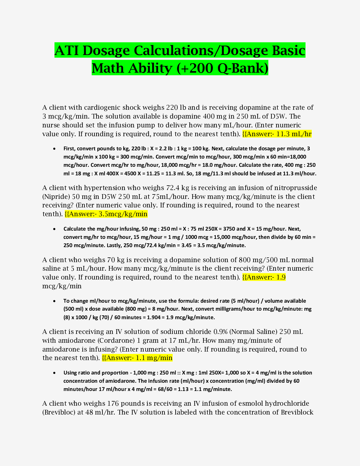 Preview of ATI Dosage Calculations/Dosage Basic Math Ability (+200 Q-Bank) With All Correct Answers |