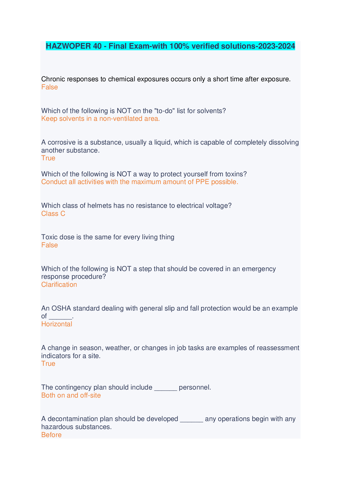 Preview image for HAZWOPER 40 - Final Exam-with 100% verified solutions-2023-2024