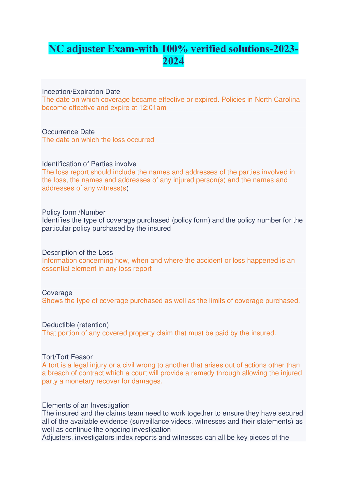 Preview image for NC adjuster Exam-with 100% verified solutions-2023-2024