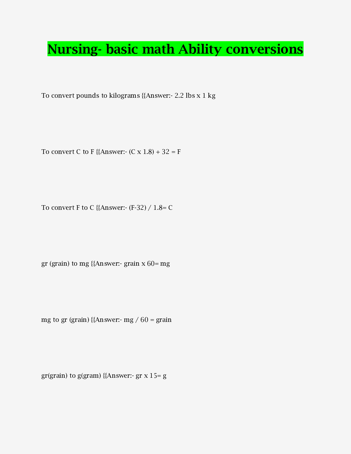 Preview image of Nursing- basic math Ability conversions (Answered) document