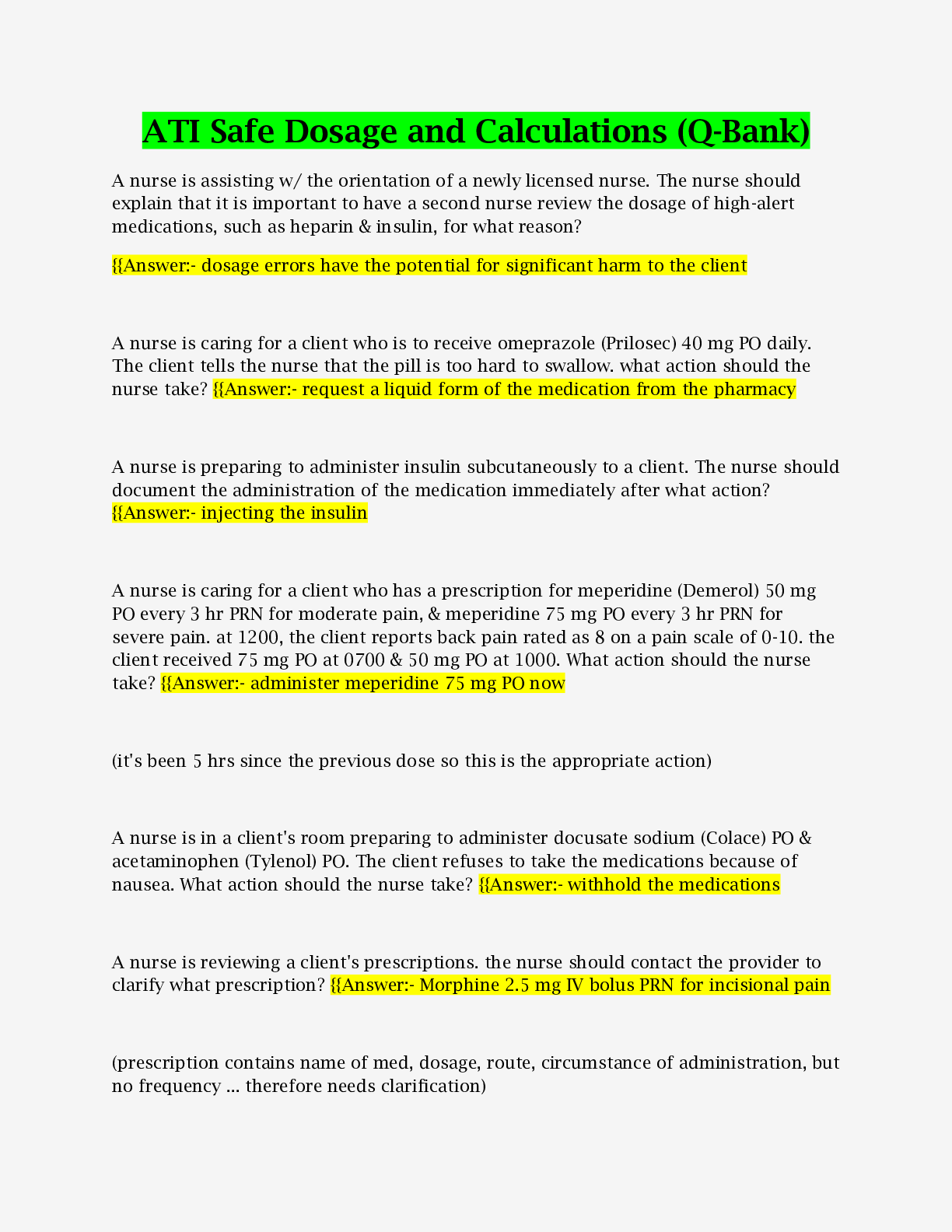 Preview of ATI Safe Dosage and Calculations (Q-Bank) Correctly Solved 100% |2023