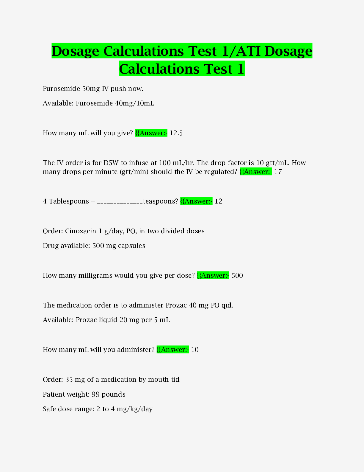 Preview of Dosage Calculations Test 1/ATI Dosage Calculations Test 1 Questions and Answers 2023
