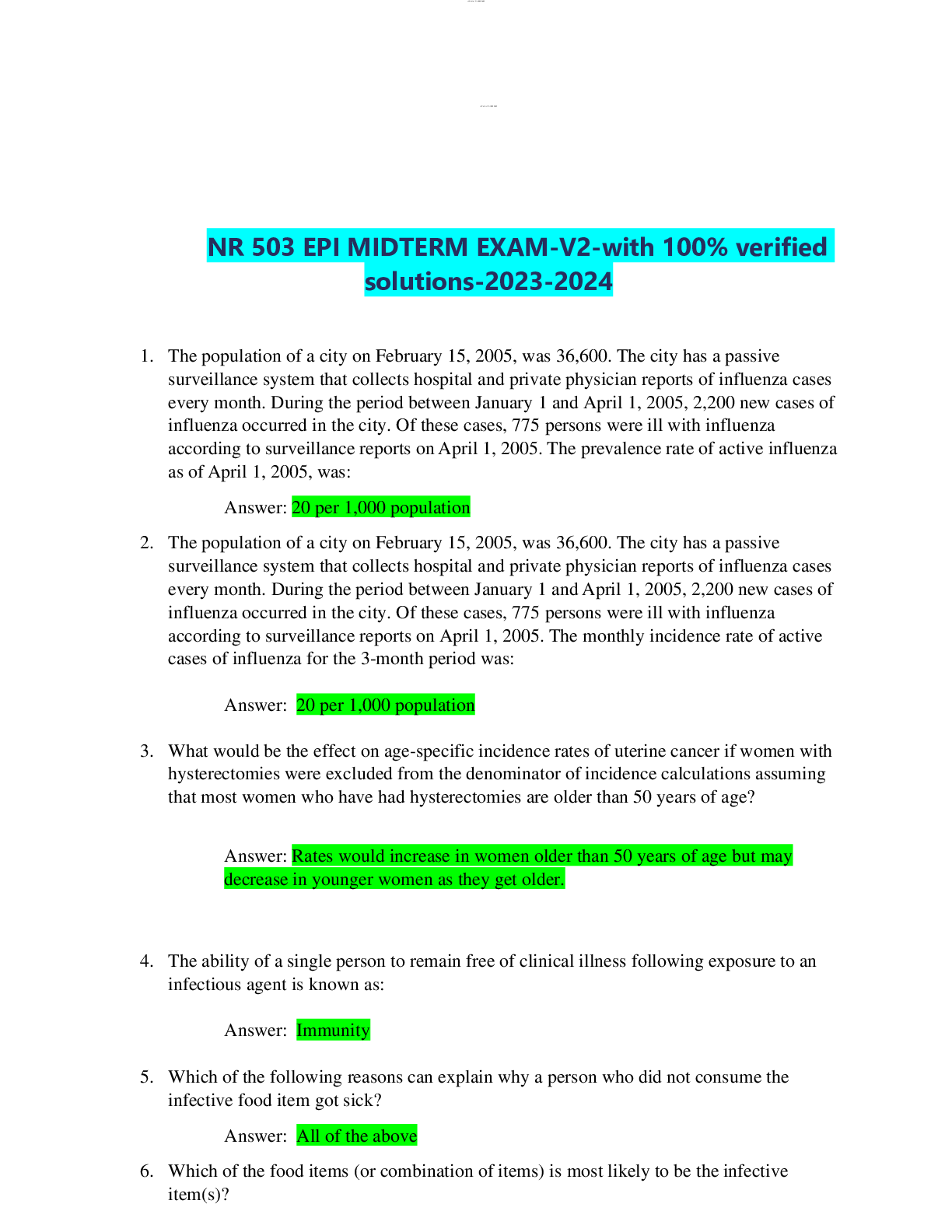 Preview image for NR 503 EPI MIDTERM EXAM-V2-with 100% verified solutions-2023-2024