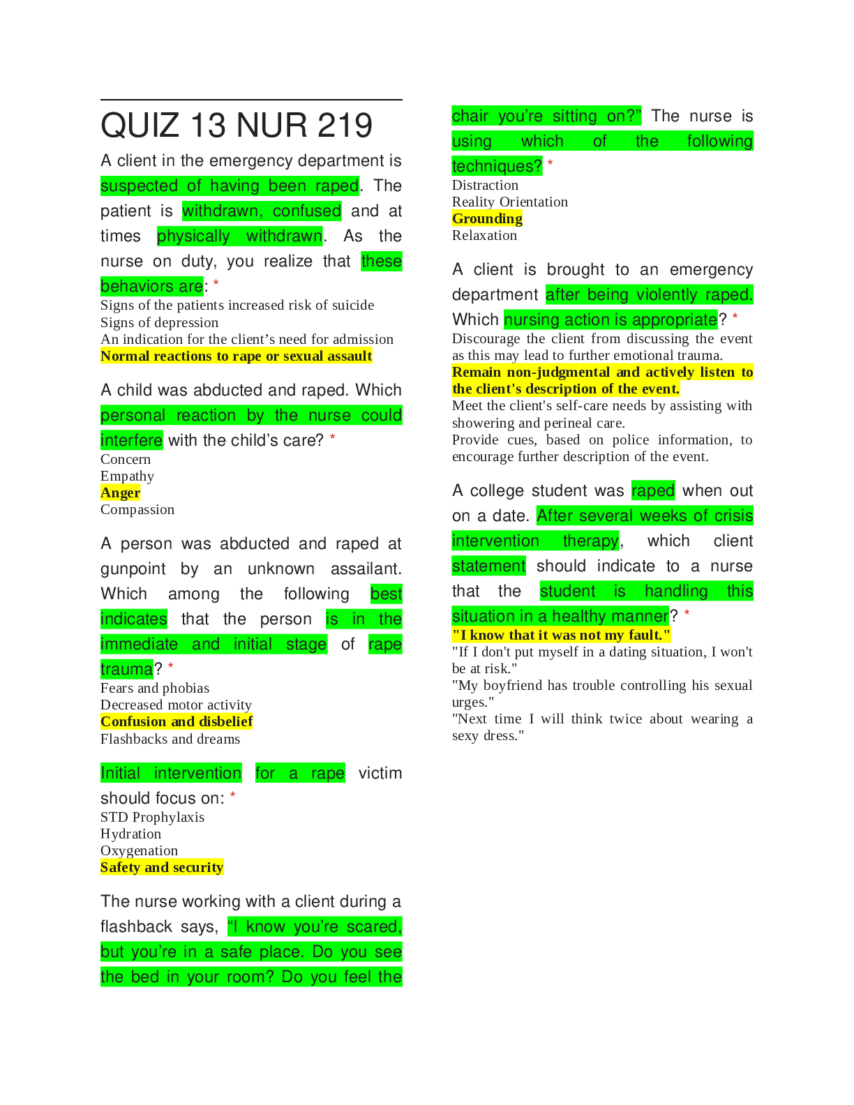 Preview of NUR 219 COMPILATION P2 PSYCHIATRY_ Southwestern College, California  QUIZ 13-23  COMPILATI