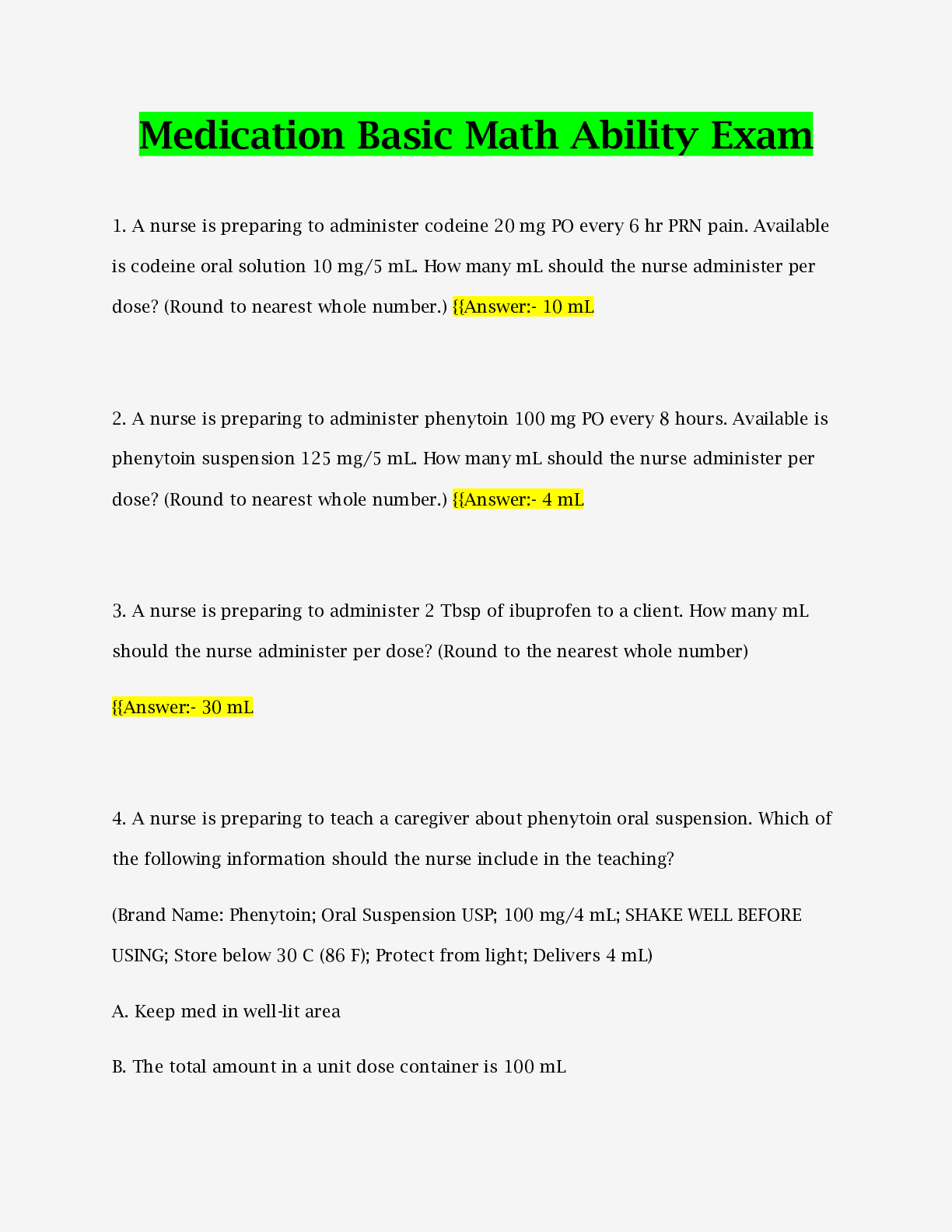 Preview image of (Answered) Medication Basic Math Ability Exam |Verified Complete Test 2023 document