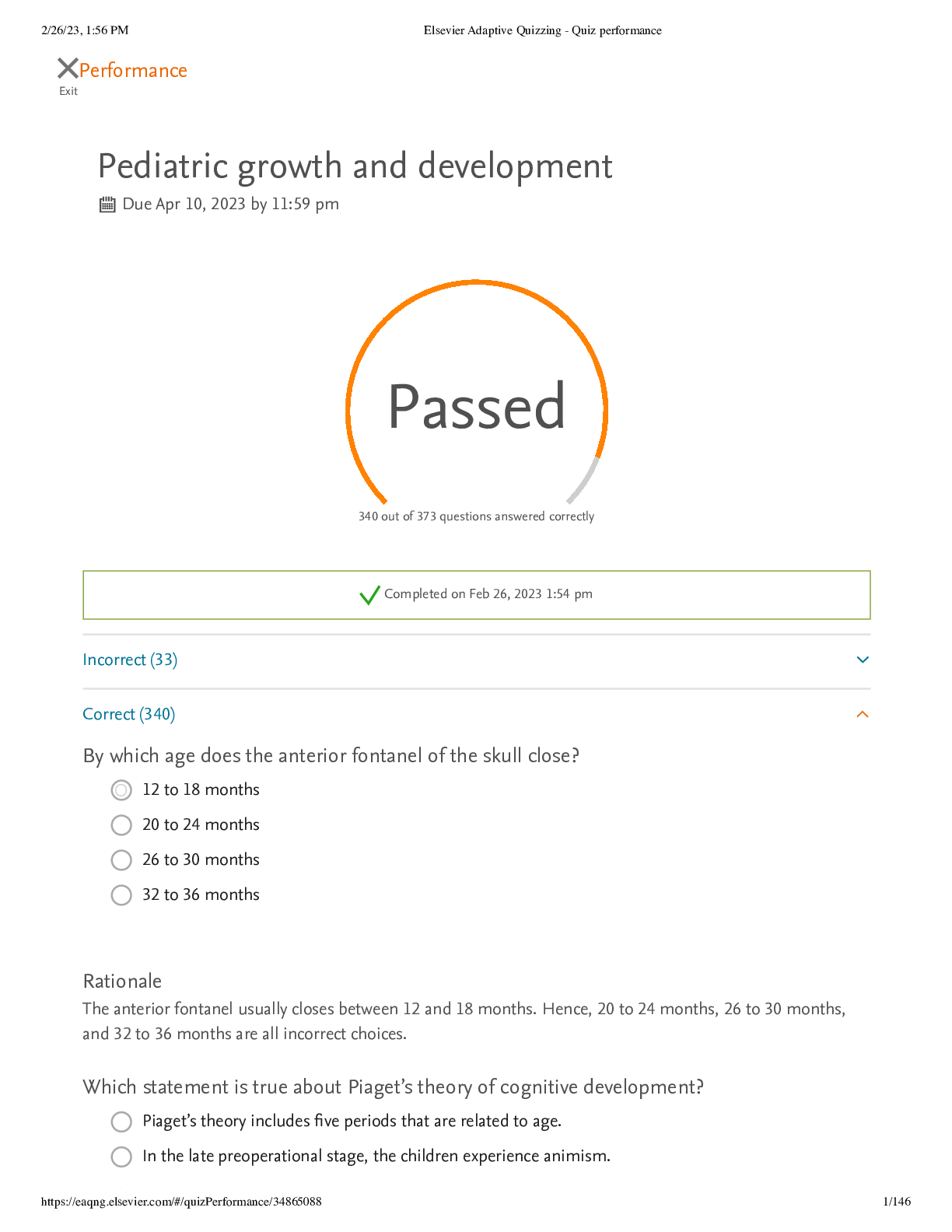 Preview of Elsevier Adaptive Quizzing - Quiz performance_Pediatric Growth and Development_ 340 out of