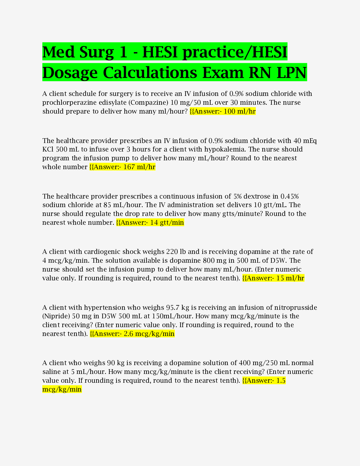 Preview of Med Surg 1 - HESI practice/HESI Dosage Calculations Exam RN LPN Questions With All correct