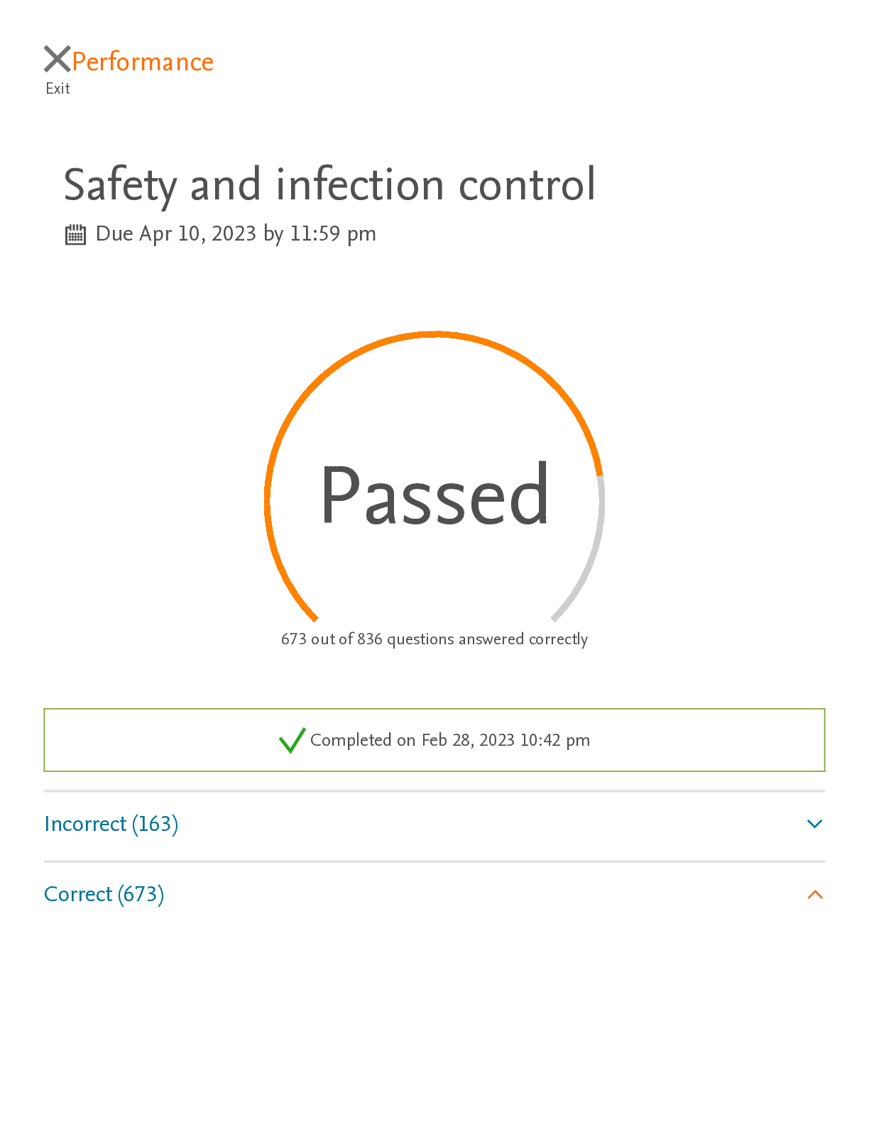 Preview of Elsevier Adaptive Quizzing - Quiz performance_Safety and Infection Control_ 673 out of 836