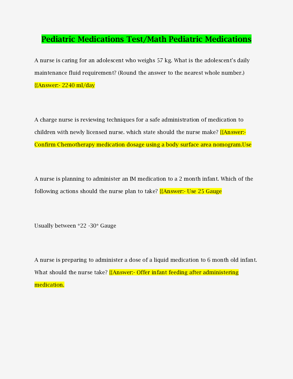 Preview image of Pediatric Medications Test/Math Pediatric Medications With 100% complete Solution document