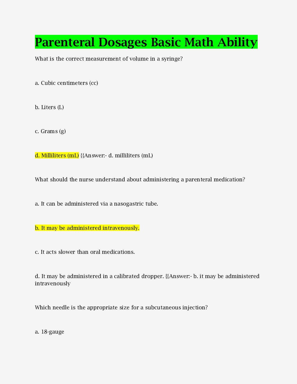 Preview of Parenteral Dosages Basic Math Ability With all Correct Answers 100%