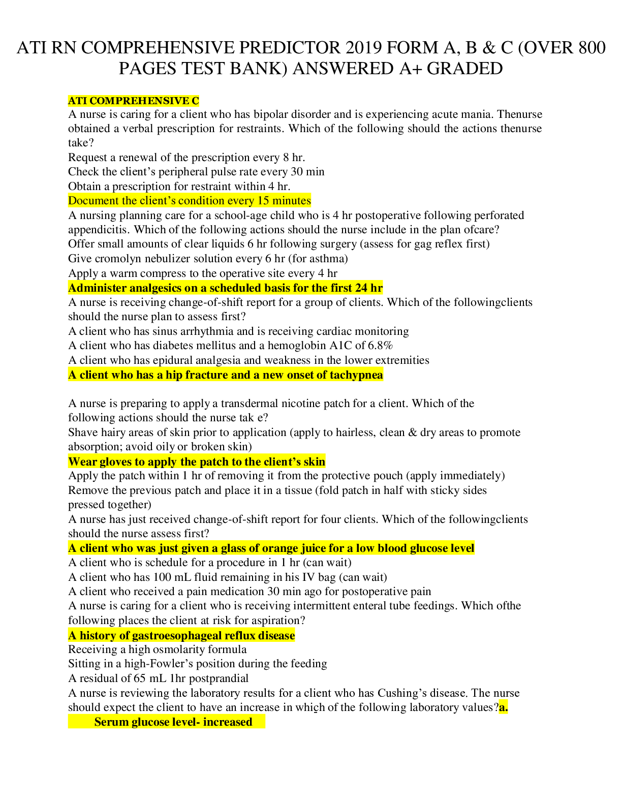 Preview image for ATI RN COMPREHENSIVE PREDICTOR 2019 FORM A, B & C (OVER 800 PAGES TEST BANK) ANSWERED A+ GRADED