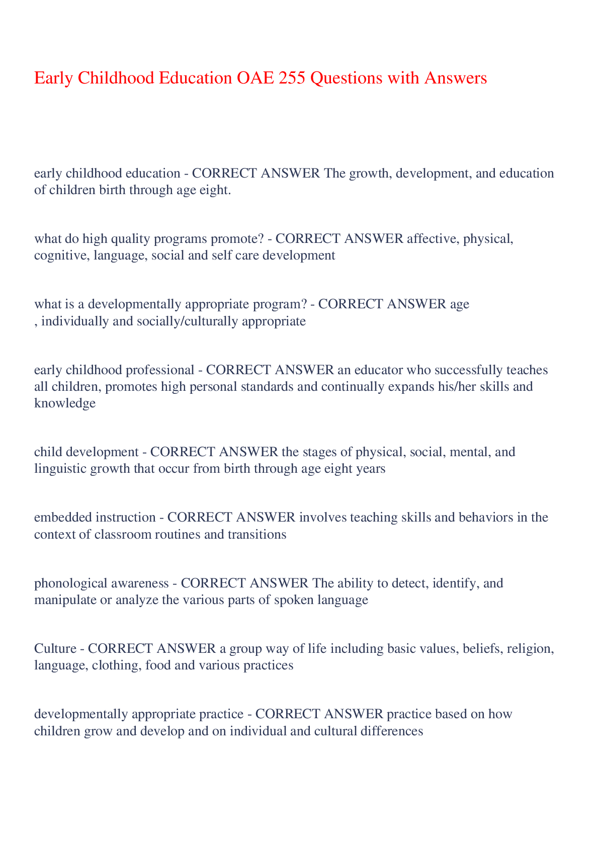 Preview of Early Childhood Education OAE 255 Questions with Answers 100% CORRECT