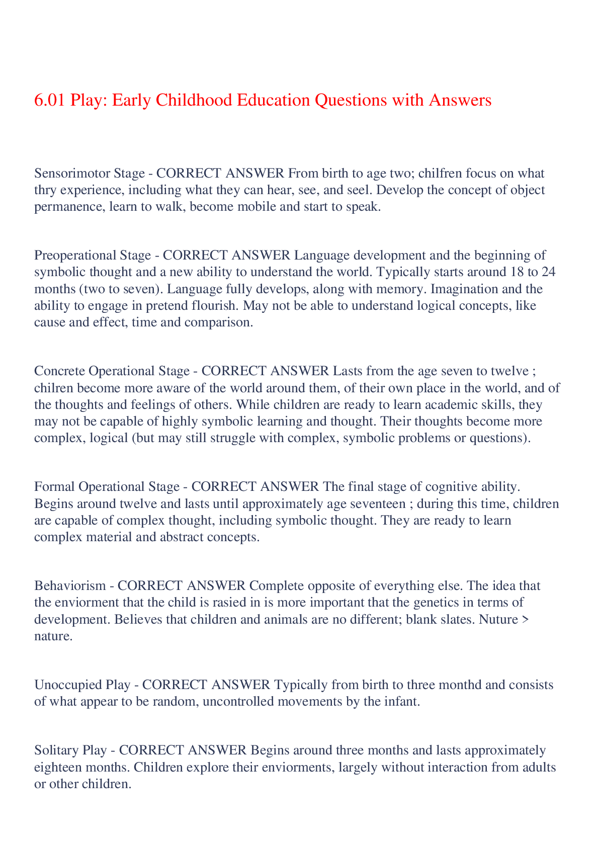 6.01 Play Early Childhood Education Questions with Answers,100