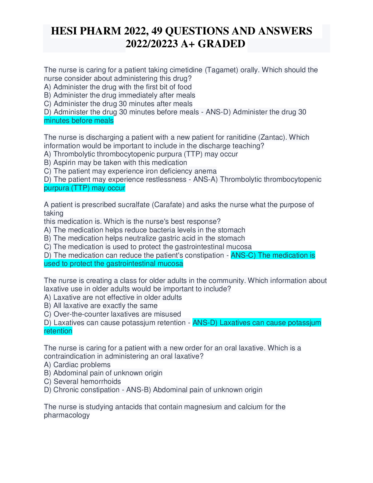 Preview image for HESI PHARM 2022 49 QUESTIONS AND ANSWERS 2022-20223 A+ GRADED