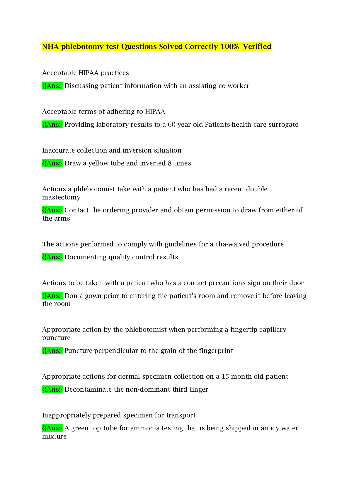 Preview image of NHA phlebotomy test Questions Solved Correctly 100% |Verified document