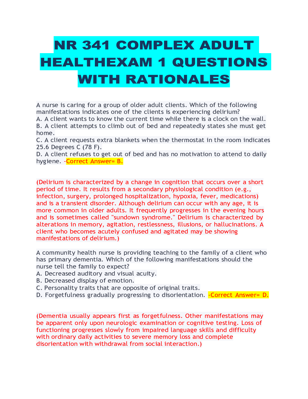 Preview image for Latest 2023-2024NR 341 COMPLEX ADULT HEALTH EXAM 1 QUESTIONS WITH RATIONALES| Guaranteed A+ Score