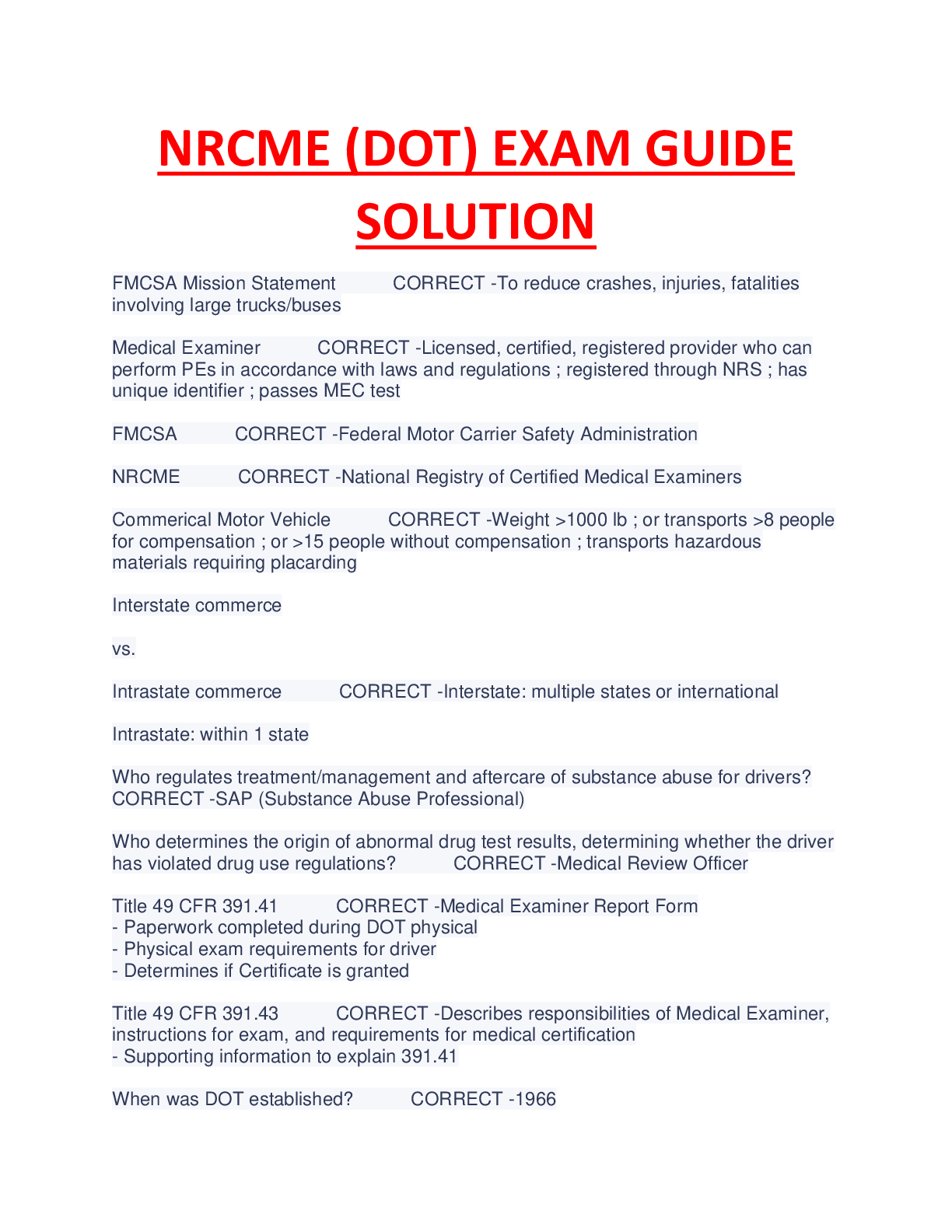 Preview image of NRCME (DOT) EXAM GUIDE  SOLUTION 2023 SERIES document