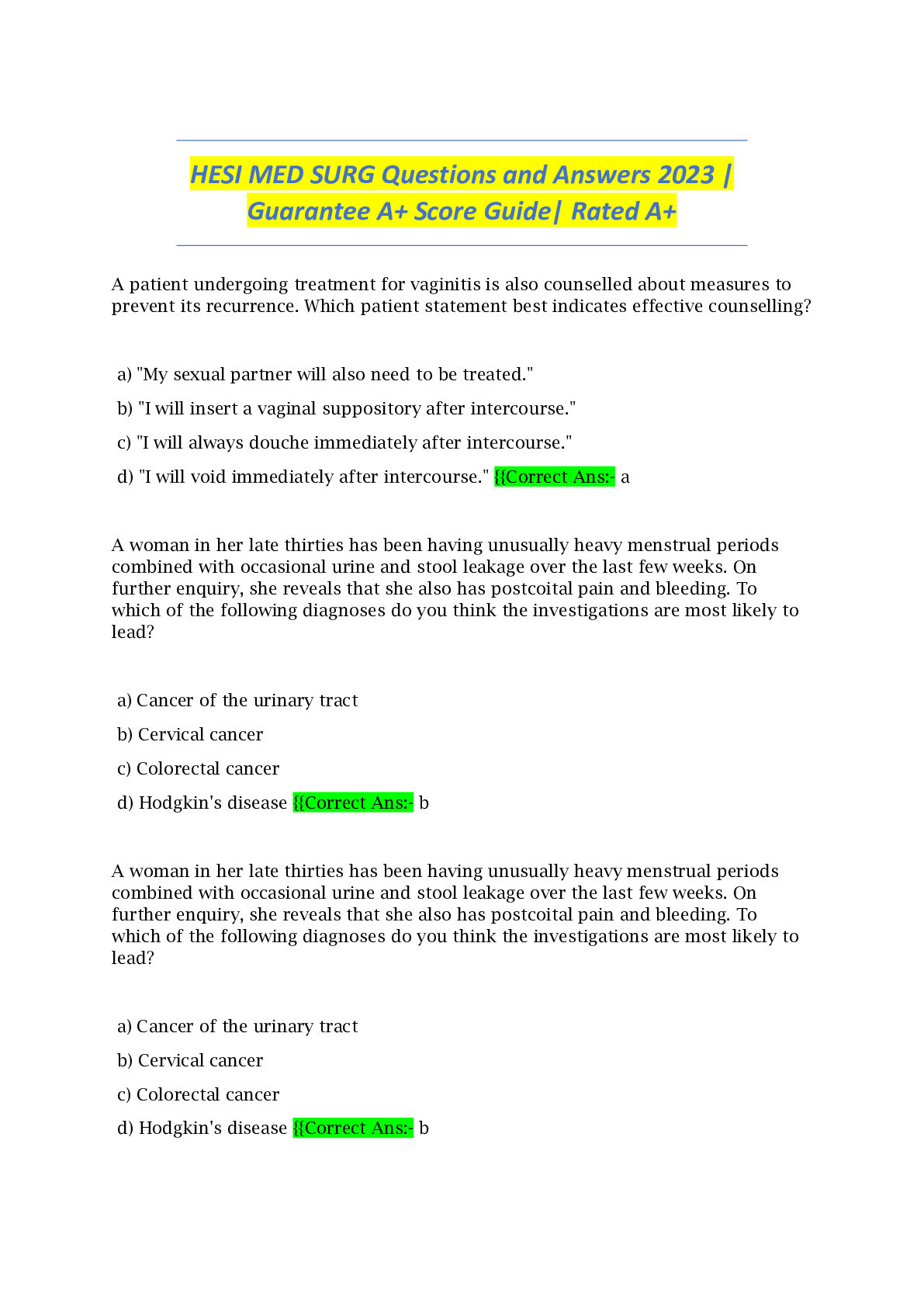 Preview image for HESI MED SURG Questions and Answers 2023 | Guarantee A+ Score Guide| Rated A+