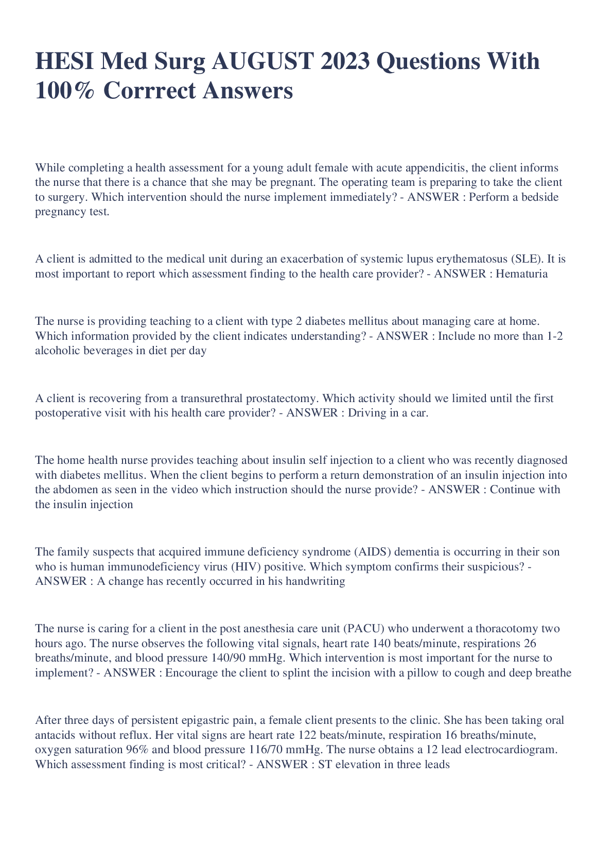 Preview image for HESI Med Surg AUGUST 2023 Questions With 100% Corrrect Answers