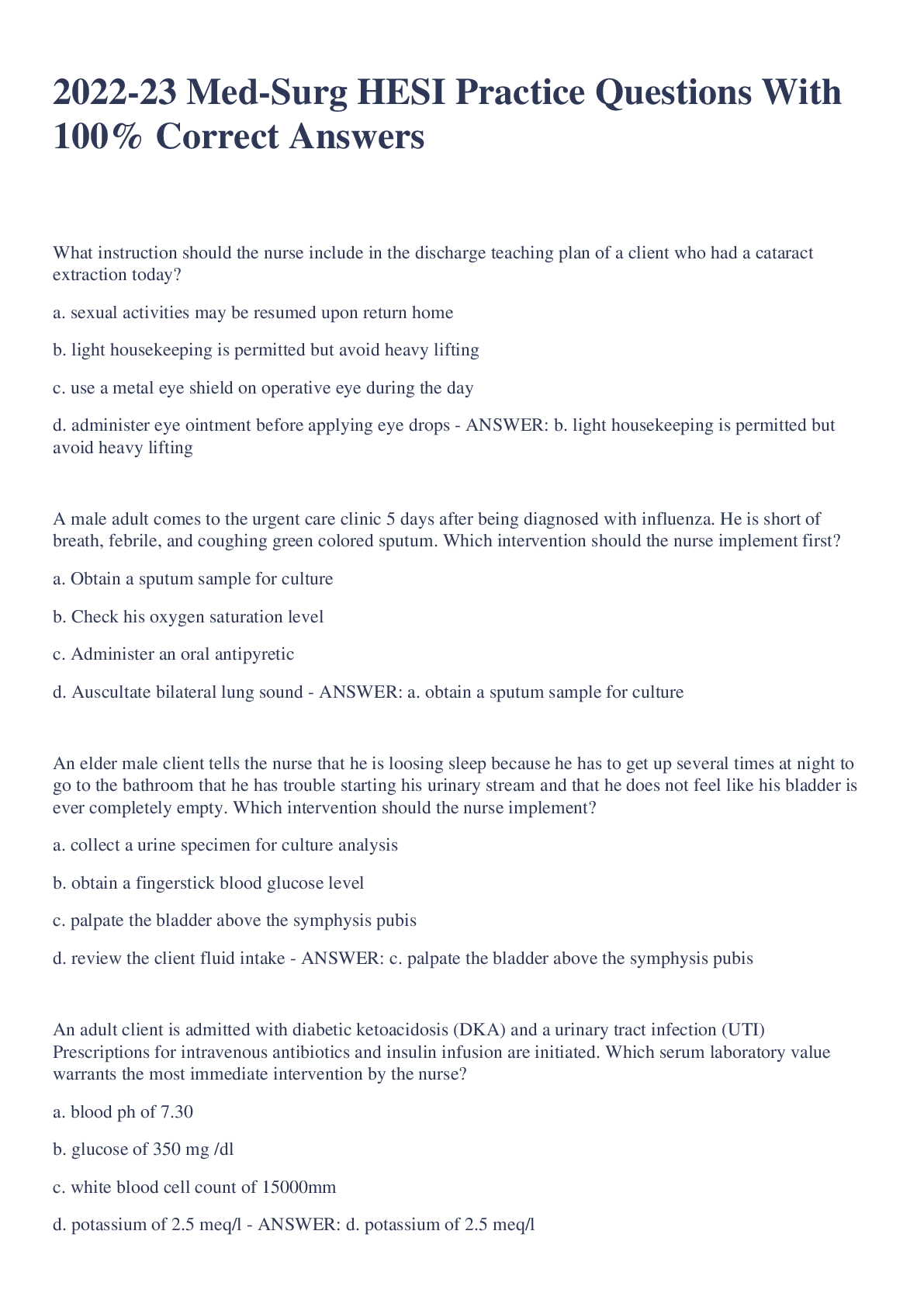 Preview image for Med Surg HESI Practice Questions With 100% Correct Answers