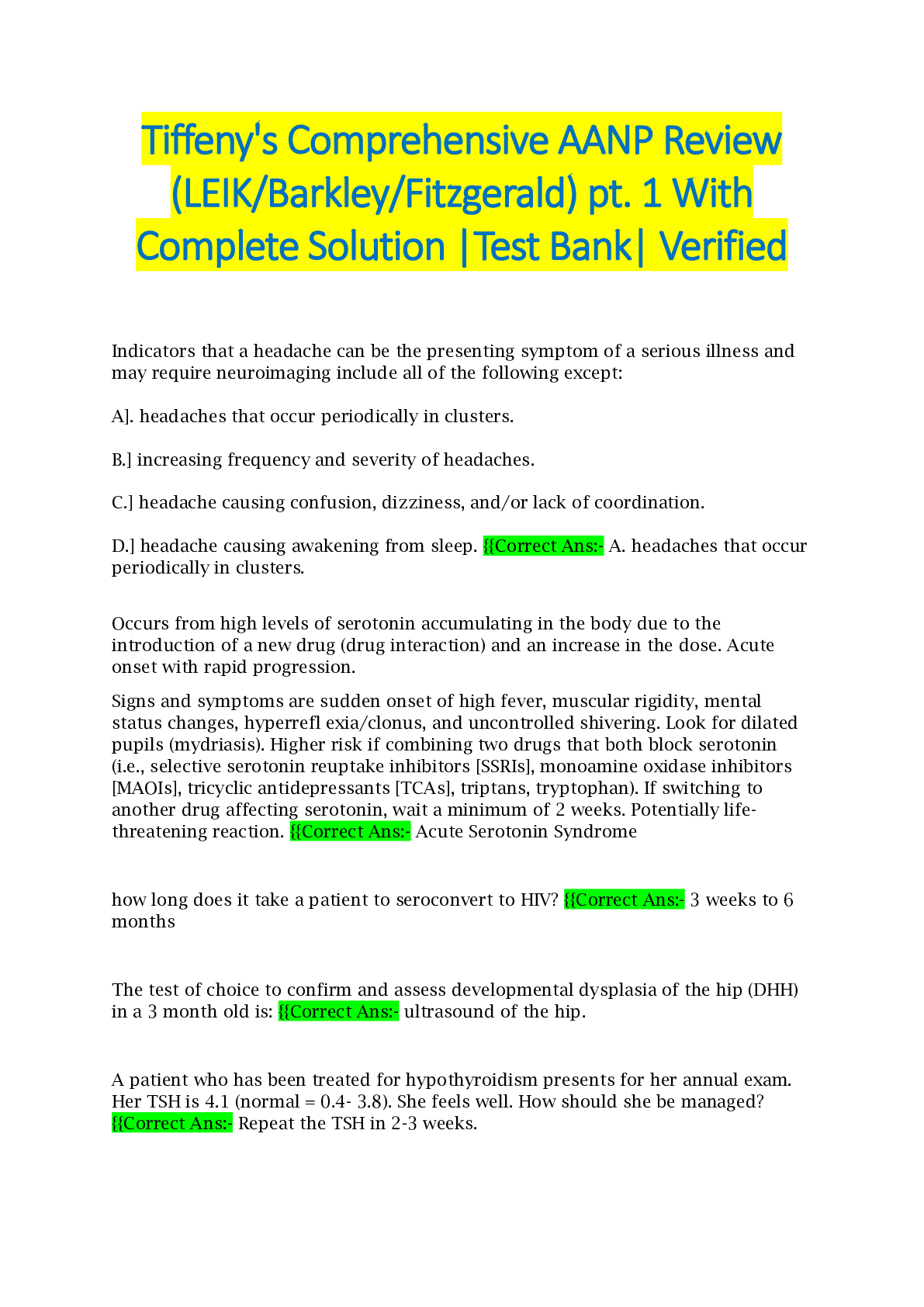 Preview image for Tiffeny's Comprehensive AANP Review (LEIK/Barkley/Fitzgerald) pt. 1 With Complete Solution |Test Bank| Verified