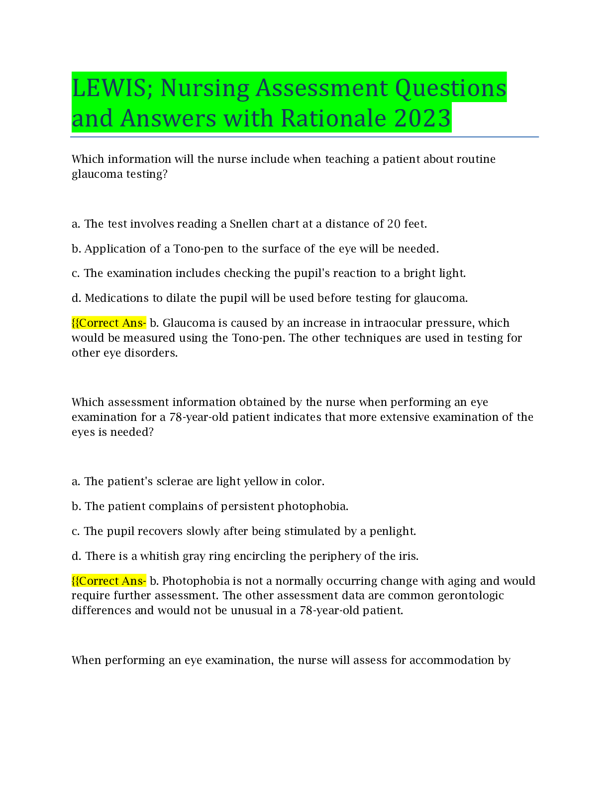 Preview image for LEWIS; Nursing Assessment Questions and Answers with Rationale 2023