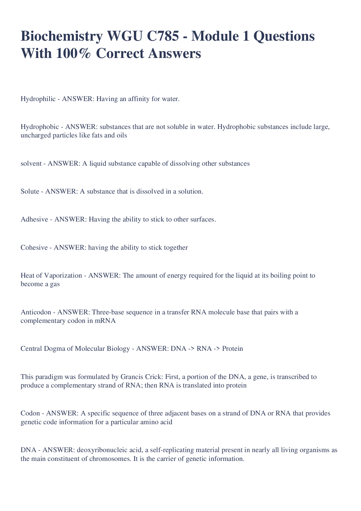 Preview image for Biochemistry WGU C785 - Module 1 Questions With 100% Correct Answers