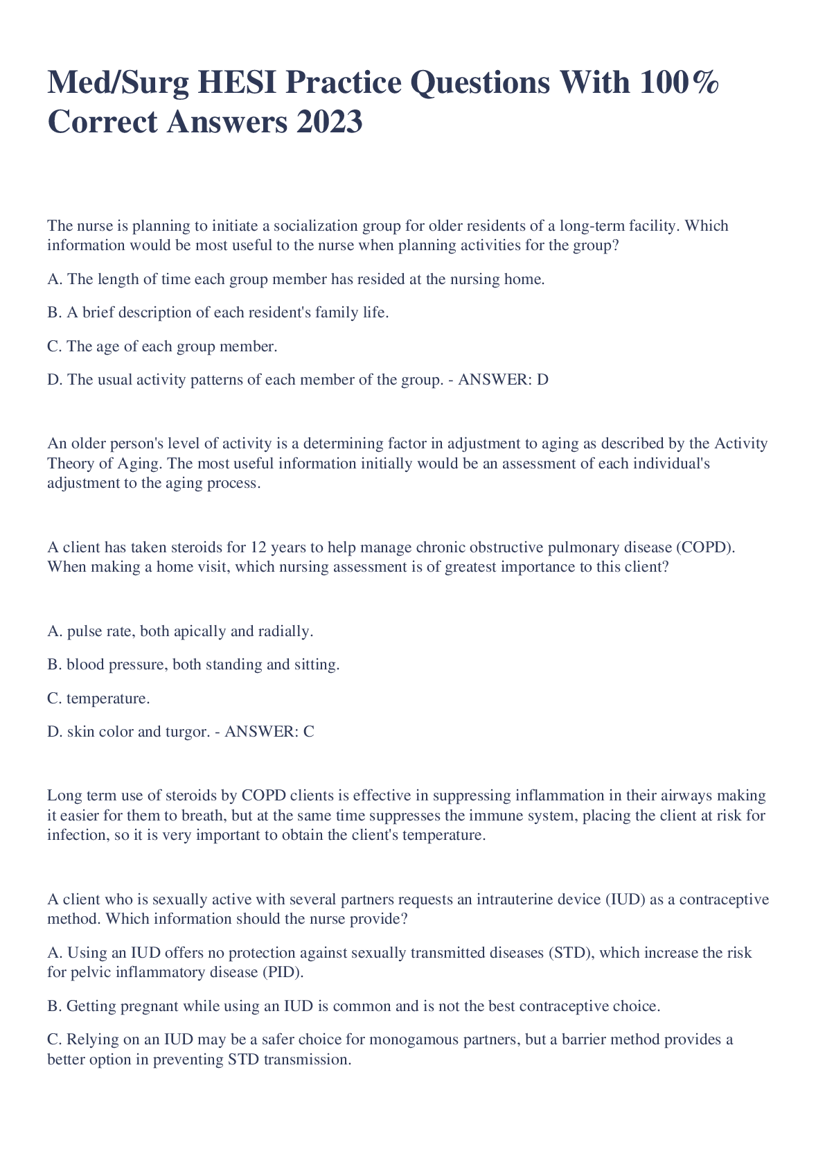 Preview image for Med/Surg HESI Practice Questions With 100% Correct Answers 2023