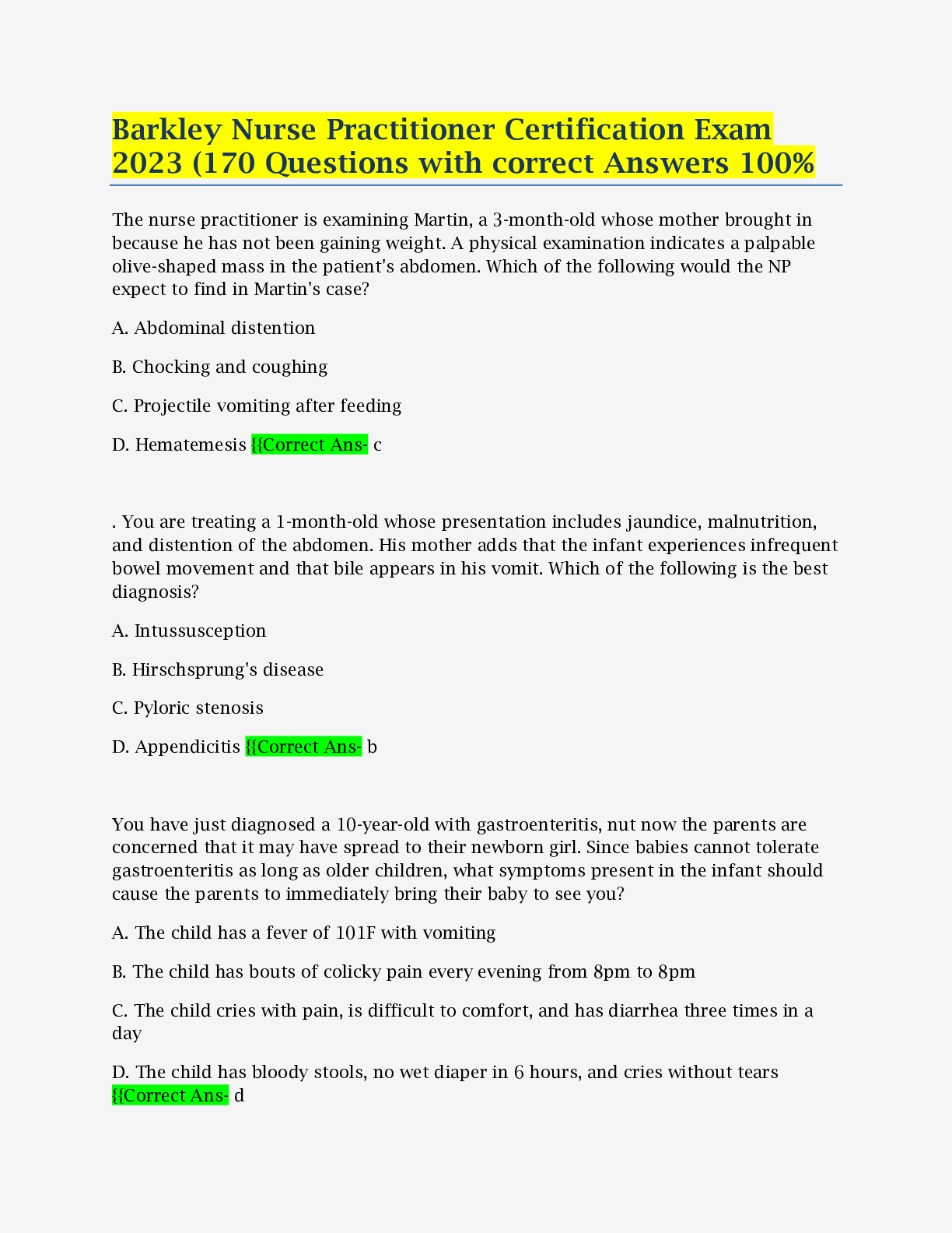 Preview image for Barkley Nurse Practitioner Certification Exam 2023 (170 Questions with correct Answers 100%