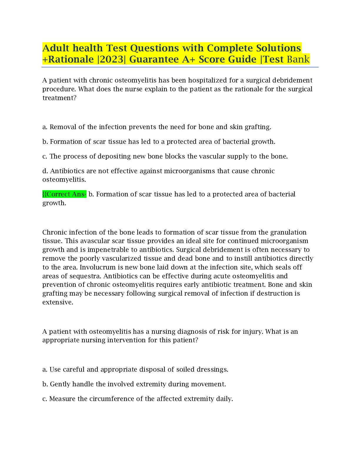 Preview image for Adult health Test Questions with Complete Solutions +Rationale |2023| Guarantee A+ Score Guide |Test Bank