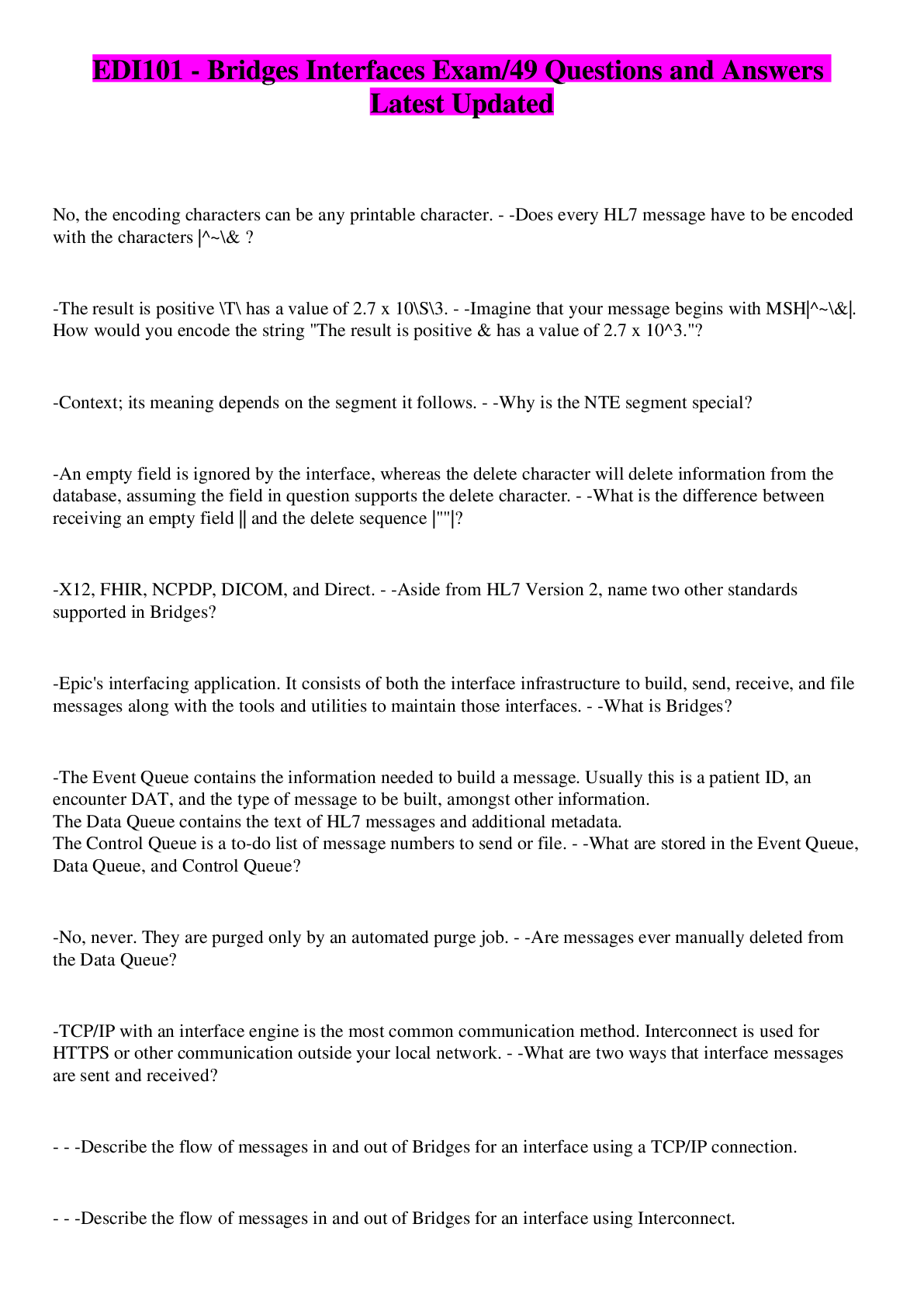 Preview image for EDI101 - Bridges Interfaces Exam/49 Questions and Answers Latest Updated