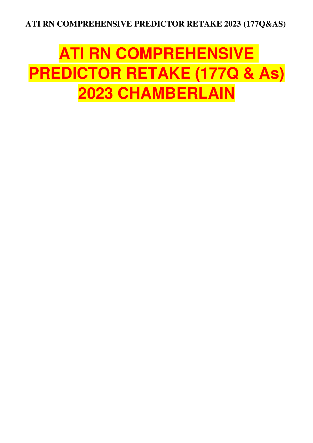 Preview image for ATI RN COMPREHENSIVE PREDICTOR RETAKE 2023 (177Q&AS)