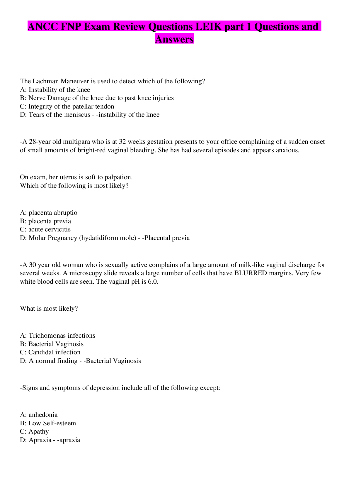 Preview image for ANCC FNP Exam Review Questions LEIK part 1 Questions and Answers