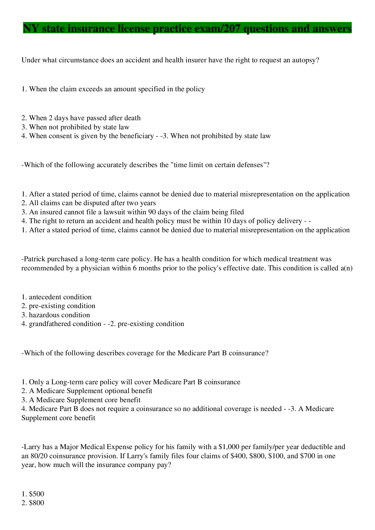 Preview image for NY state insurance license practice exam/207 questions and answers