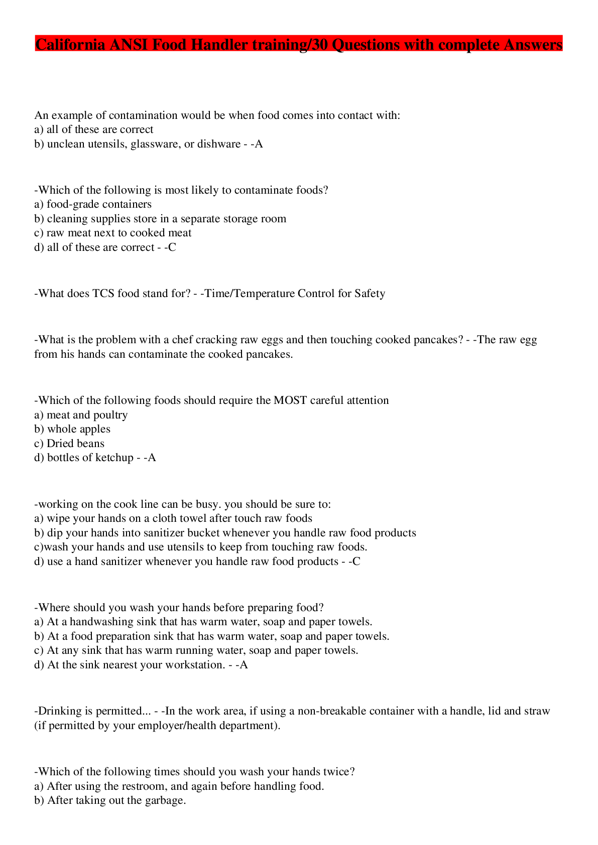 Preview image for California ANSI Food Handler training/30 Questions with complete Answers