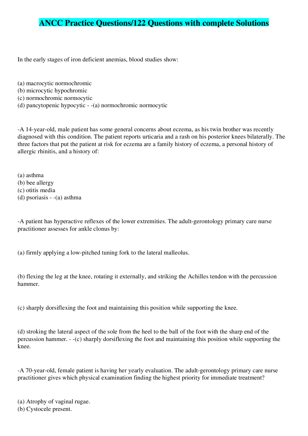 Preview image for ANCC Practice Questions/122 Questions with complete Solutions