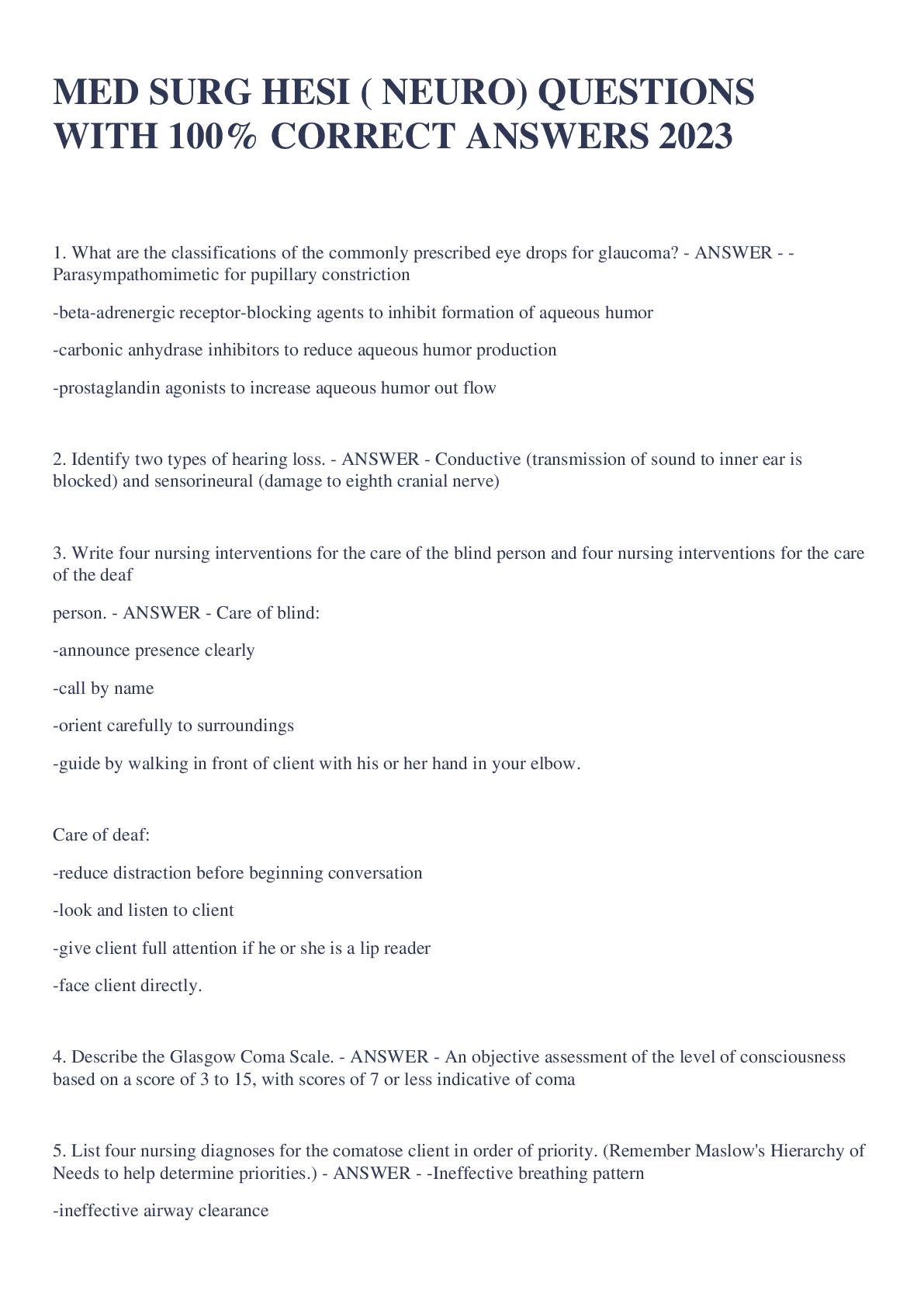Preview image for MED SURG HESI ( NEURO) QUESTIONS WITH 100% CORRECT ANSWERS 2023