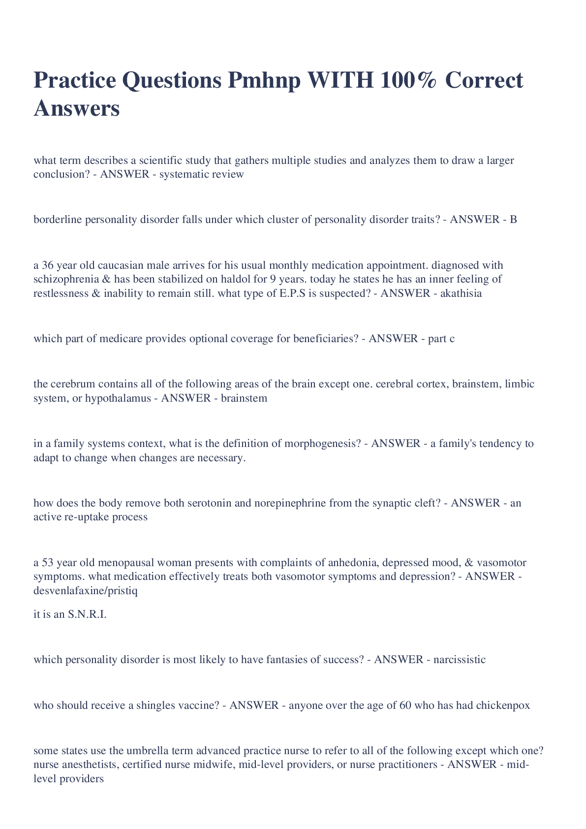 Preview image for Practice Questions Pmhnp WITH 100% Correct Answers