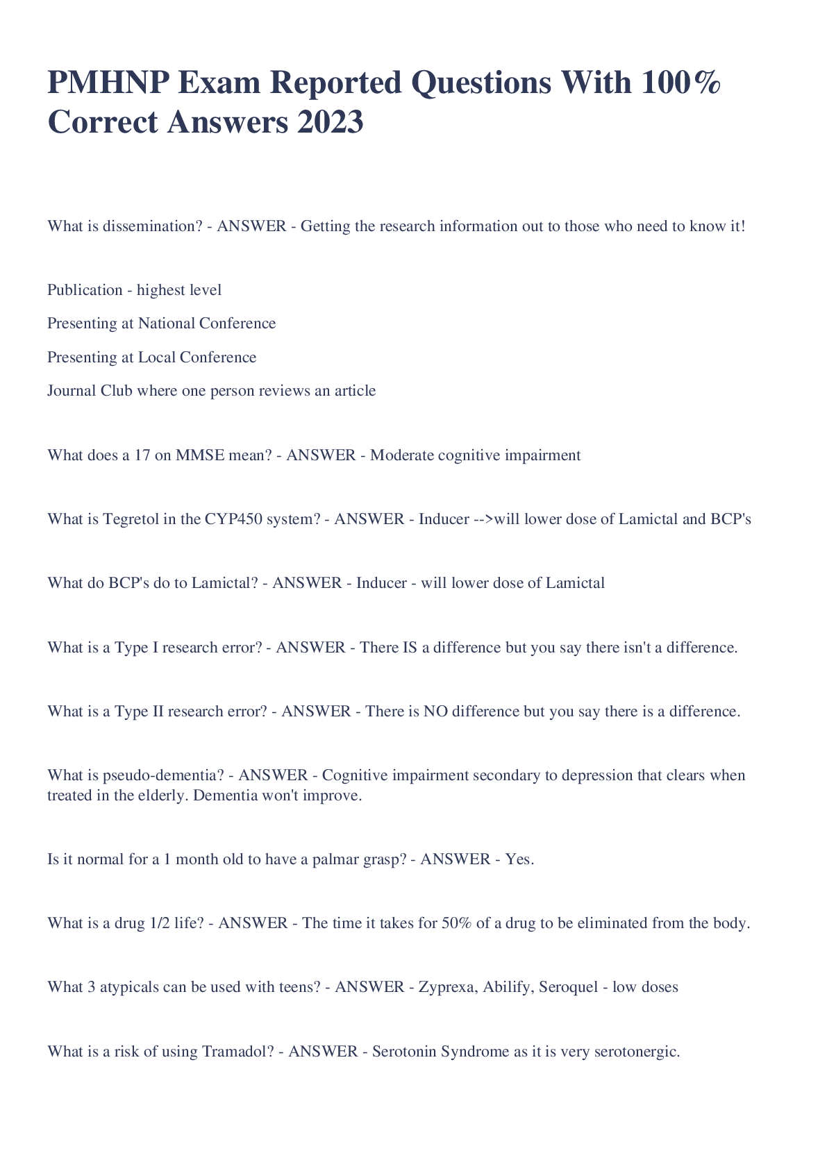 Preview image for PMHNP Exam Reported Questions With 100% Correct Answers 2023