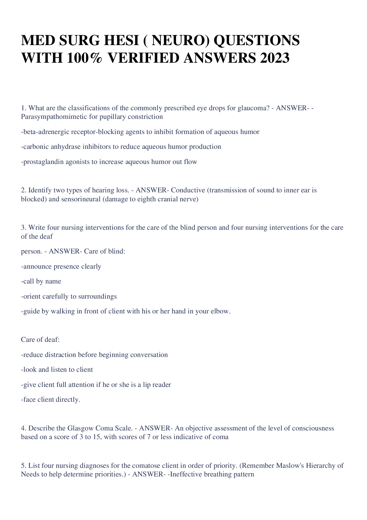 Preview image for MED SURG HESI ( NEURO) QUESTIONS WITH 100% VERIFIED ANSWERS 2023