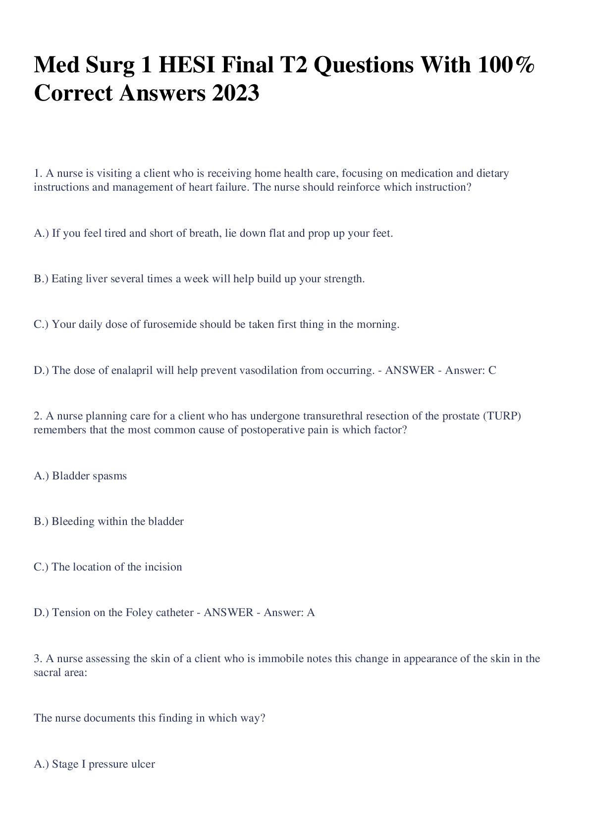 Preview image for Med Surg 1 HESI Final T2 Questions  With 100% Correct Answers 2023